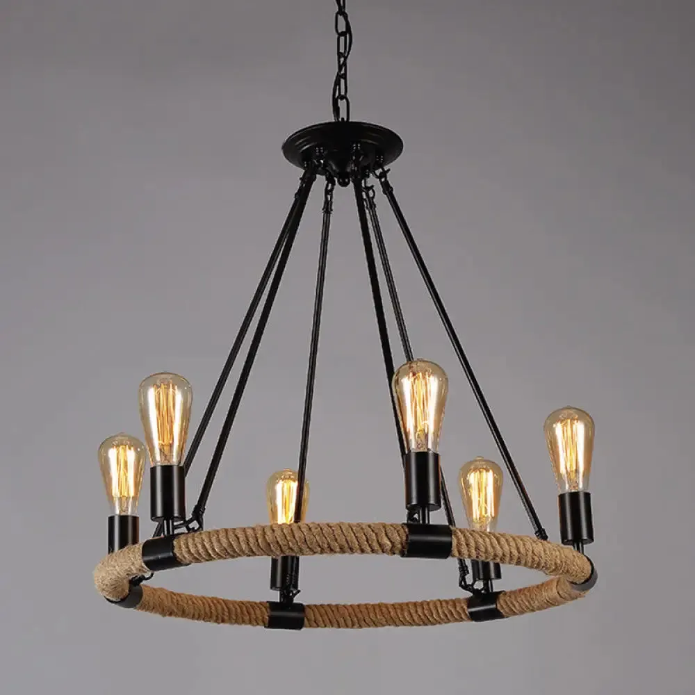 Industrial Black Circle Iron Ceiling Light with Hemp Rope - Ideal for Restaurants