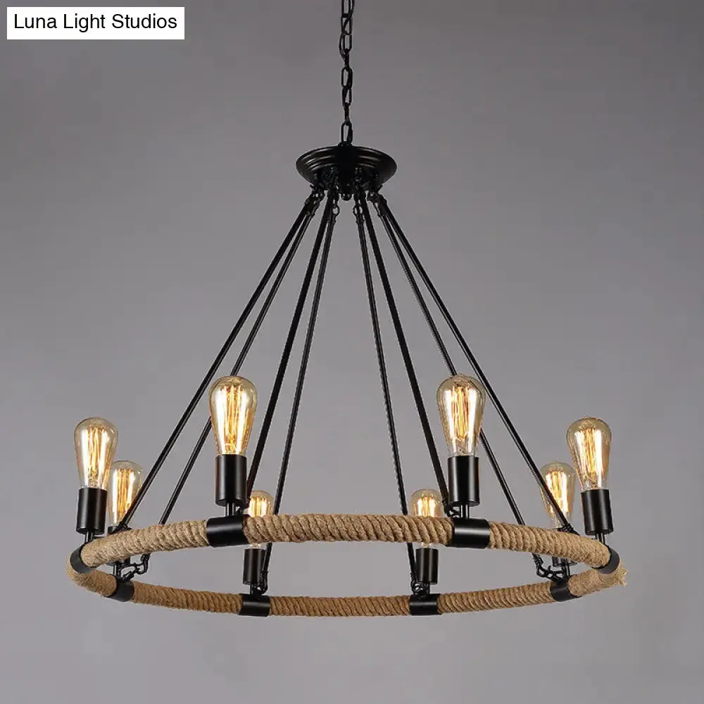 Industrial Black Metal Chandelier with Rope Suspension for Dining Room Table