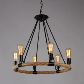 Industrial Black Metal Chandelier with Rope Suspension for Dining Room Table