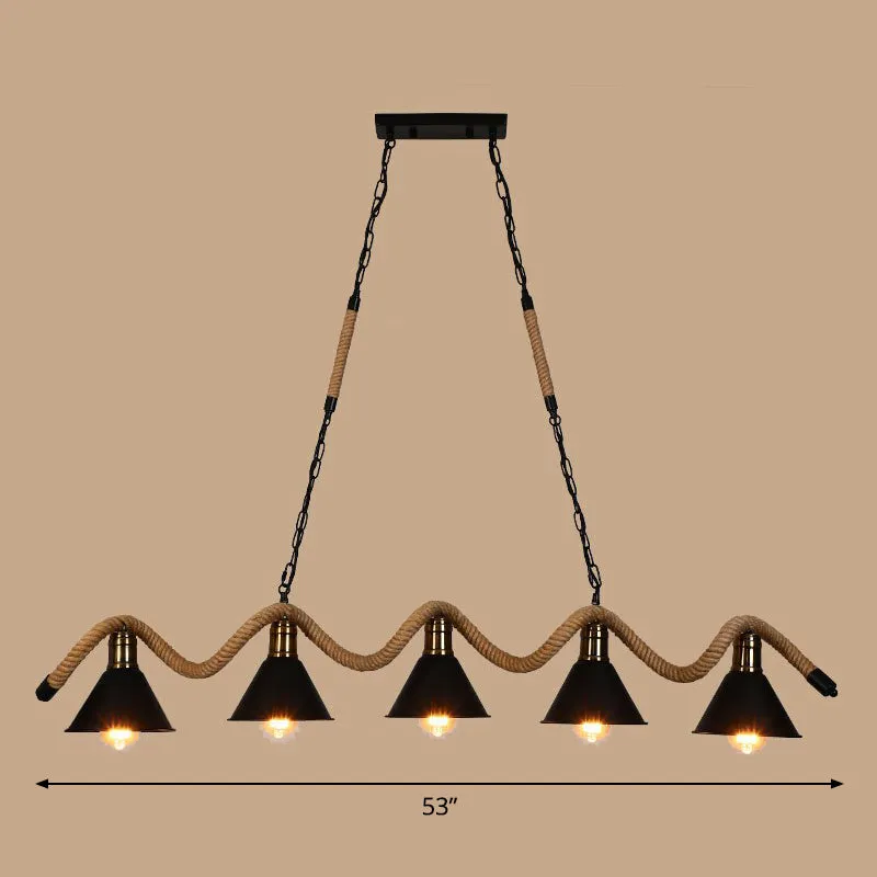 Industrial Metal Cone Island Pendant Light - Matte Black Finish with Twisted Rope Detailing