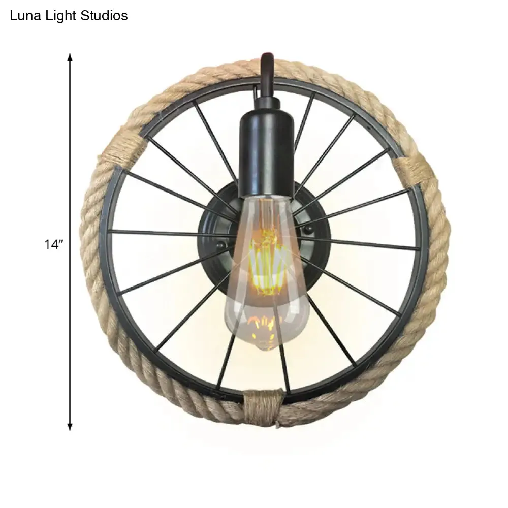 Industrial Rope Wall Mounted Sconce Lamp with Open Bulb and Wheel Shape - Black