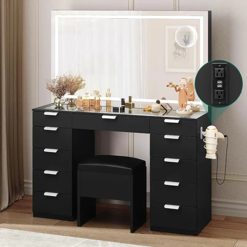 Large Vanity Desk Set with LED Lighted Mirror, Glass Top, Vanity Drawer and Power Outlet