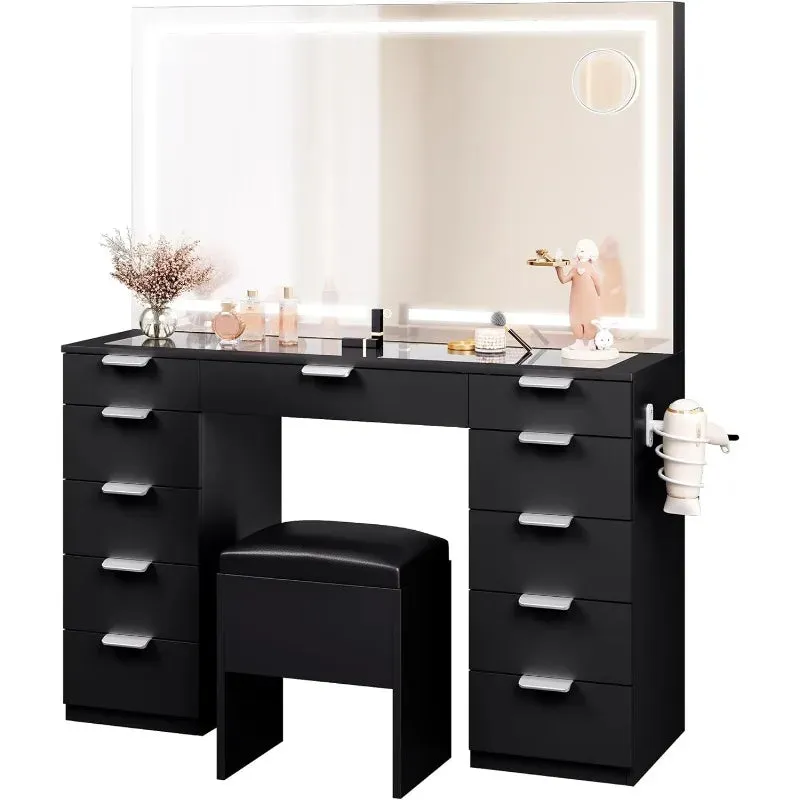 Large Vanity Desk Set with LED Lighted Mirror, Glass Top, Vanity Drawer and Power Outlet