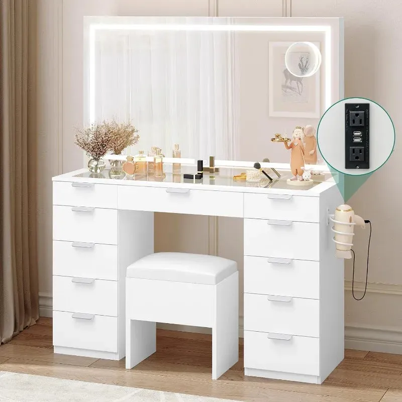 Large Vanity Desk Set with LED Lighted Mirror, Glass Top, Vanity Drawer and Power Outlet