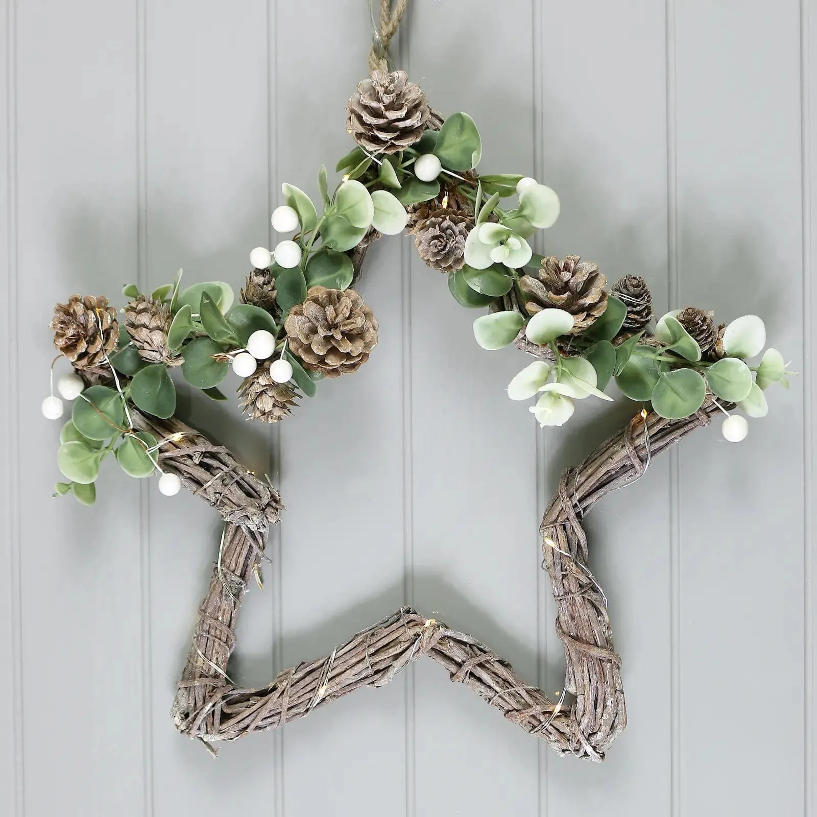 Light Up Christmas Star Twig Decoration Snowberry Pine Cones 30cm