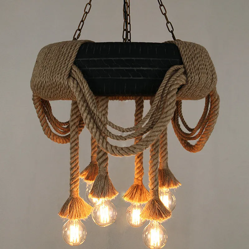 Loft Style Rope Chandelier with Tyre Decoration and 6 Bare Bulbs in Brown