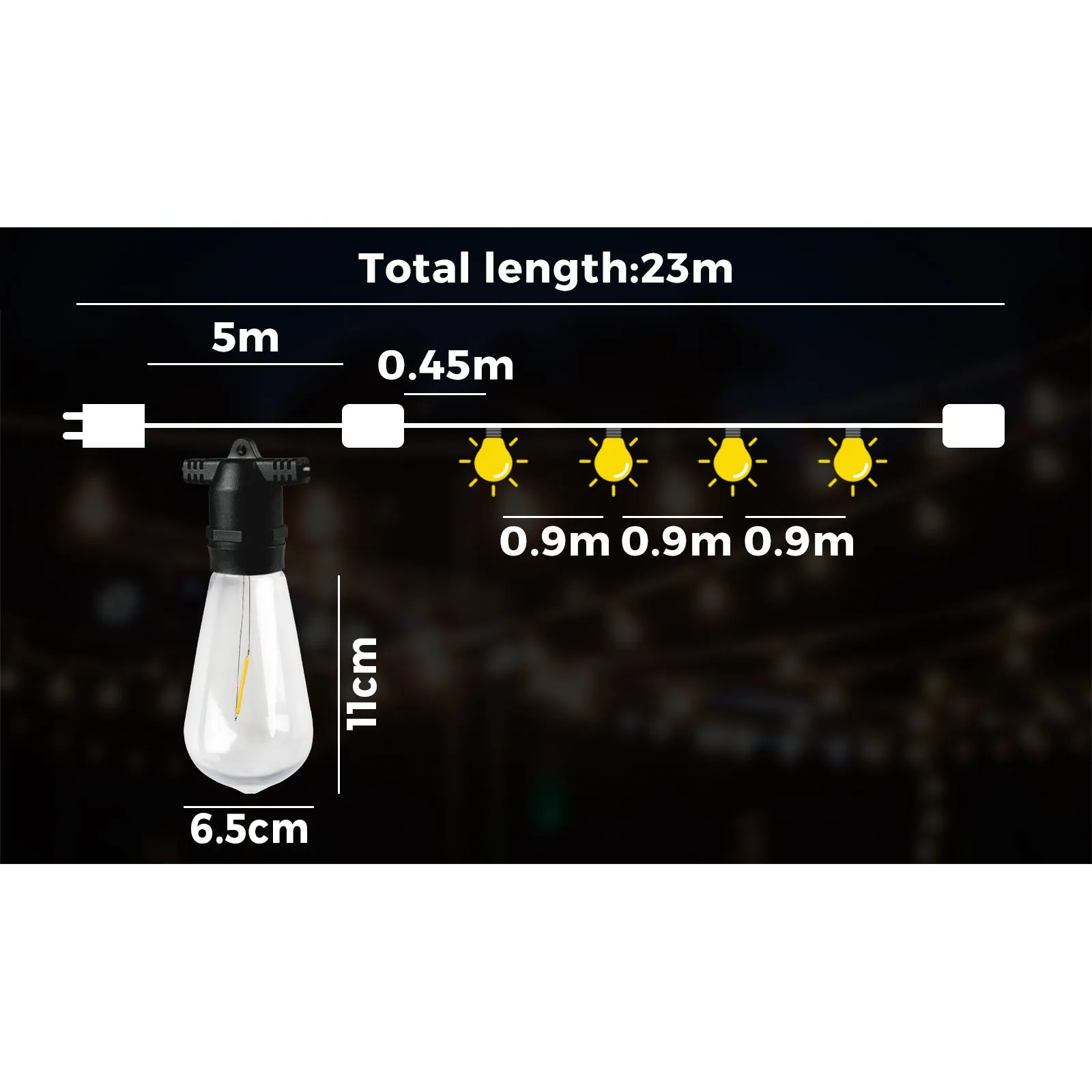 Mazam 23M LED Festoon Lights String Light Waterproof Outdoor Wedding Party