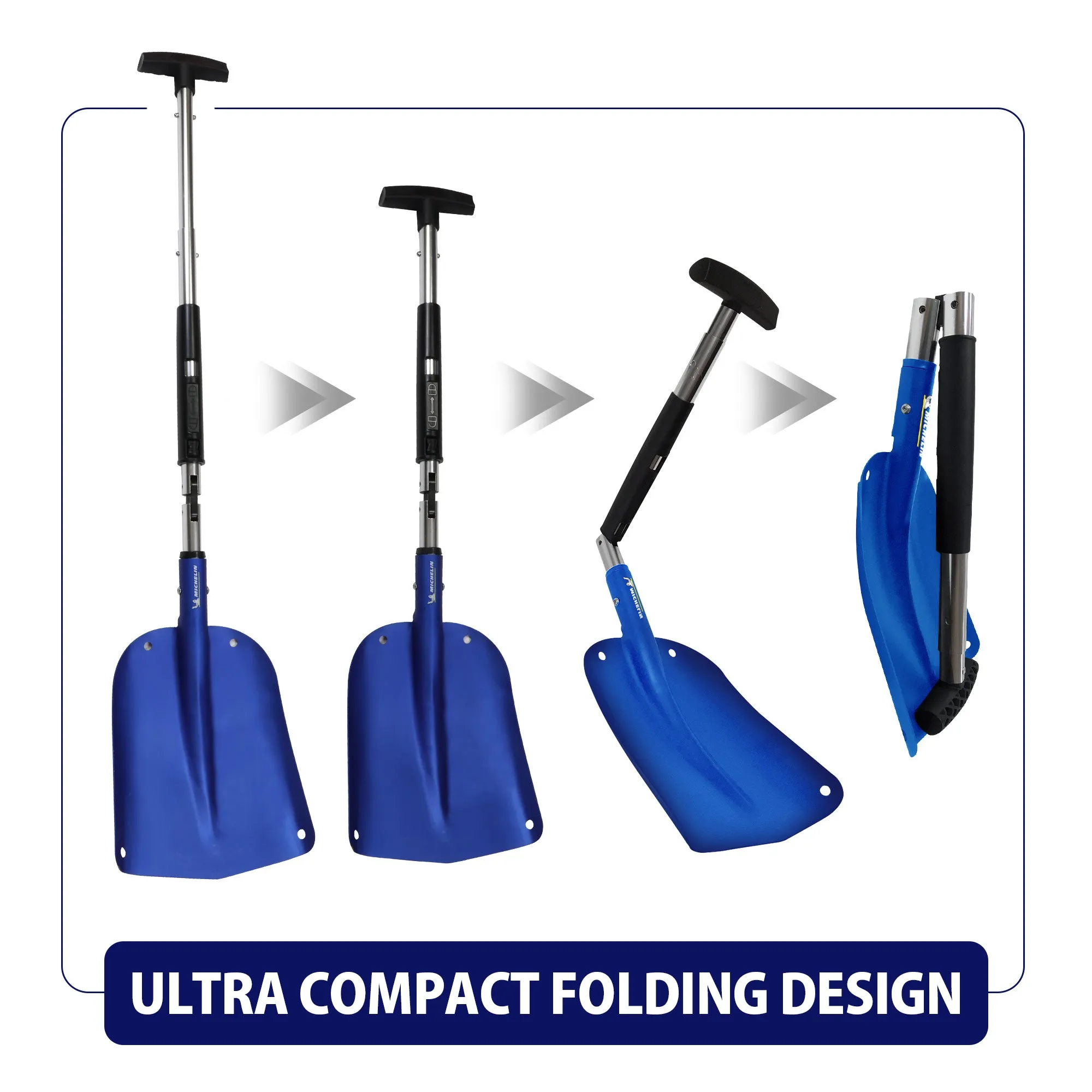 Michelin Ultra Compact 40" Folding Utility Snow Shovel for Car Emergency, Blue, Telescoping Handle, Collapsible, Lightweight, Winter Survival Gear, for SUV, Truck, Snowmobile, Camping, Skiing, Pack of 2