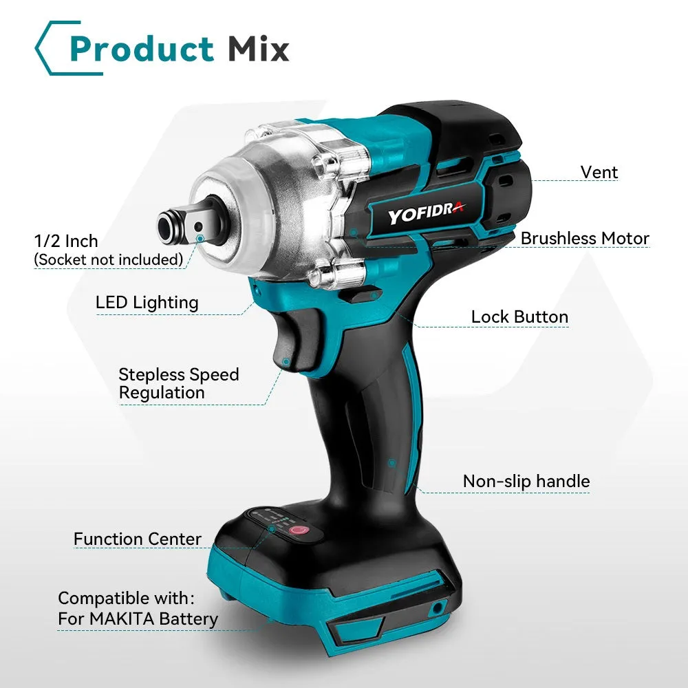 ONEVAN 1/2" 520N·m Torque Cordless Impact Wrench | For Makita 18V Battery