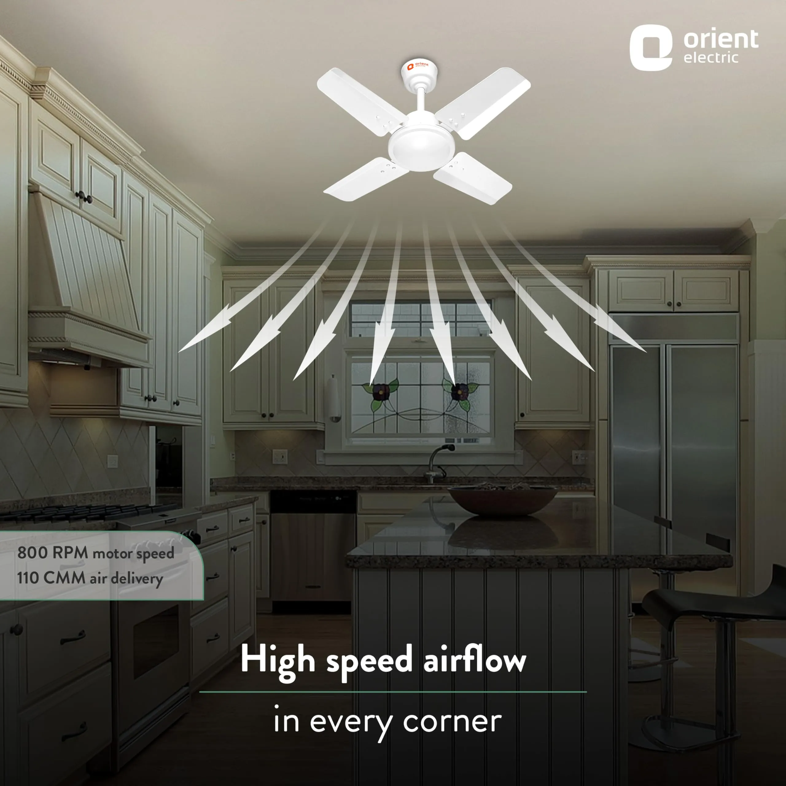 Orient Electric 600 MM New Air Plus | 4 Blade Small Ceiling Fan for Kitchen | 100% Copper Motor | Aluminium blades | 24 Inch Fan | 2 Years Warranty | White