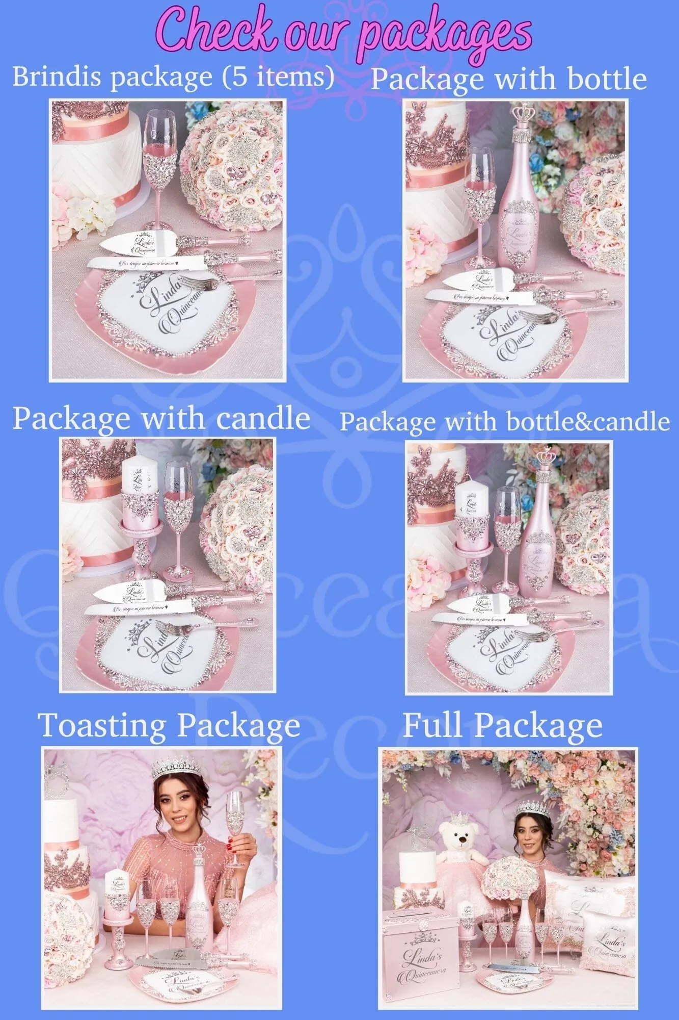 Pink Iridescent quinceanera package of bottle, glass and candle