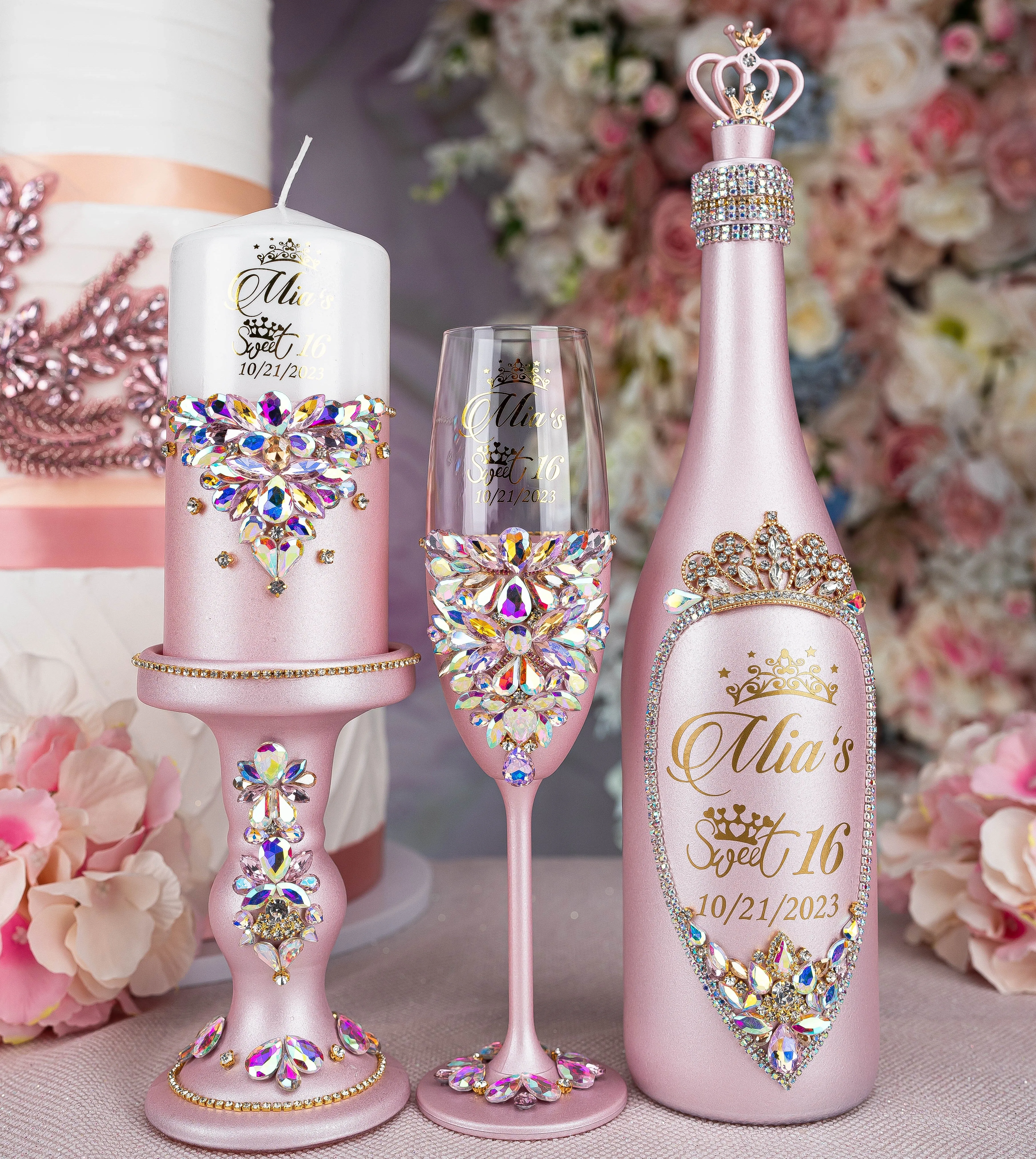 Pink Iridescent quinceanera package of bottle, glass and candle