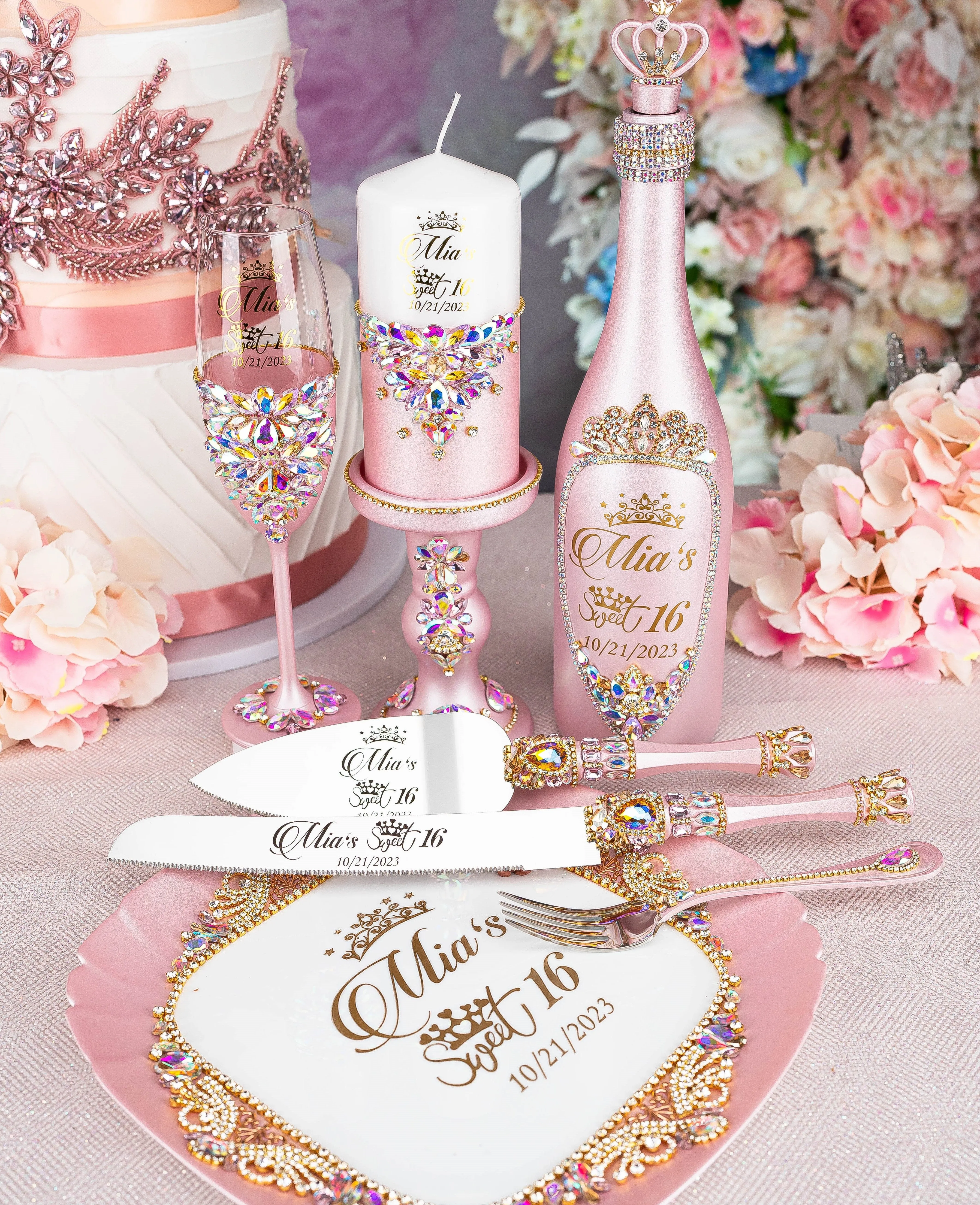 Pink Iridescent quinceanera package of bottle, glass and candle