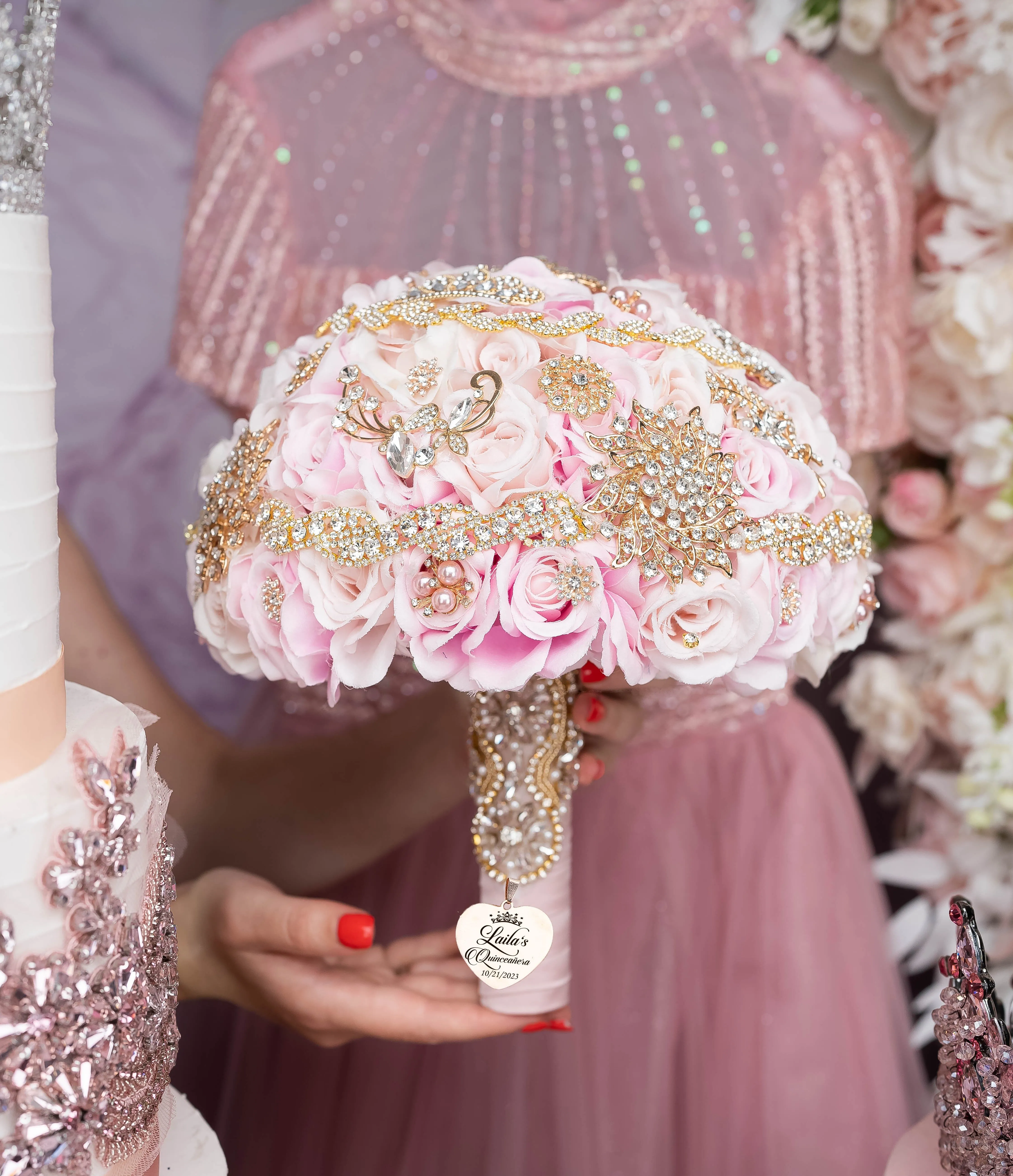 Pink Iridescent quinceanera package of bottle, glass and candle