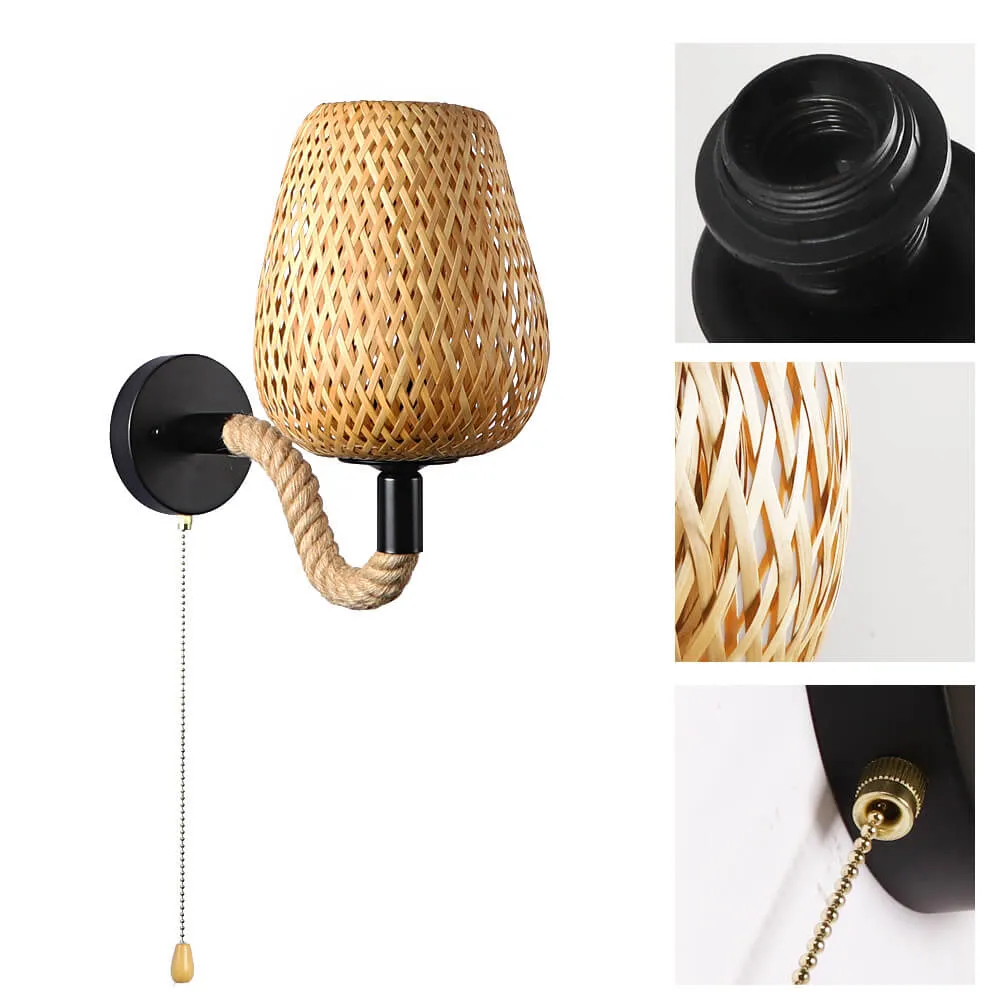 Retro Pastoral Bamboo Weaving Cage Hemp Rope 1-Light Wall Sconce Lamp