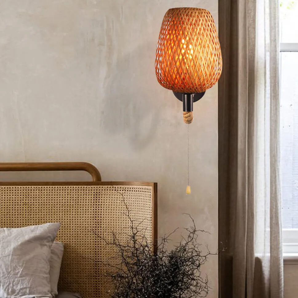 Retro Pastoral Bamboo Weaving Cage Hemp Rope 1-Light Wall Sconce Lamp