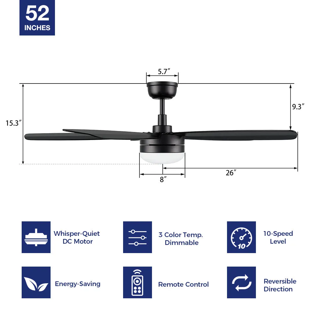 Rivers Modern Ceiling Fan with LED Light and Remote 52 inch