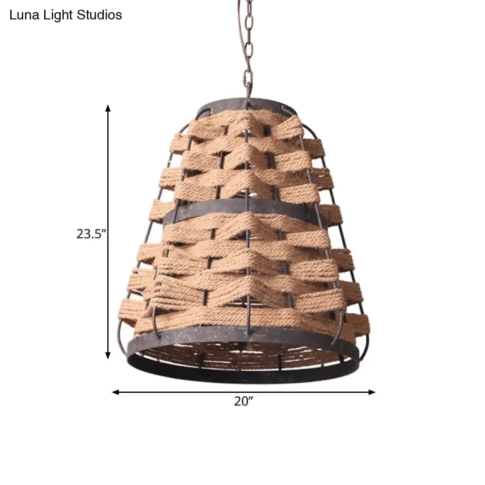 Rustic Hemp Rope Pendant Ceiling Lamp with Metal Frame