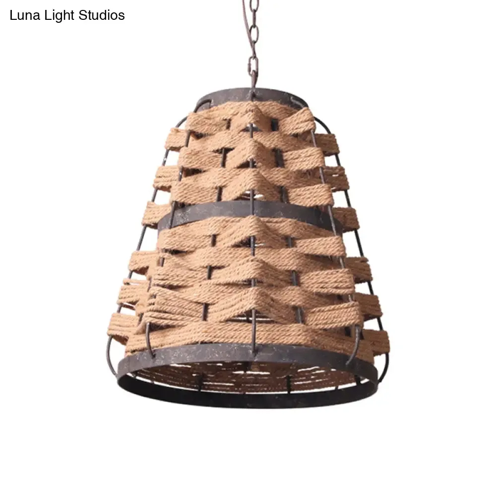 Rustic Hemp Rope Pendant Ceiling Lamp with Metal Frame