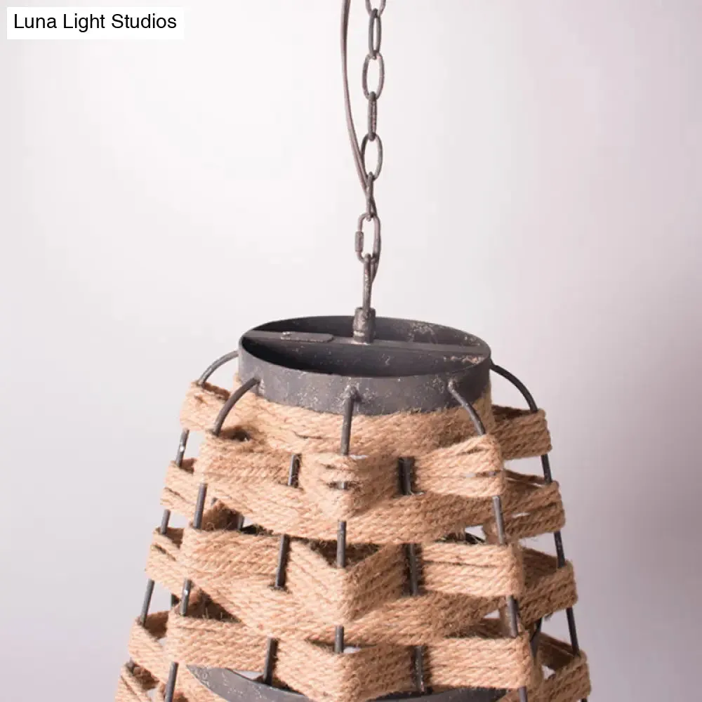 Rustic Hemp Rope Pendant Ceiling Lamp with Metal Frame