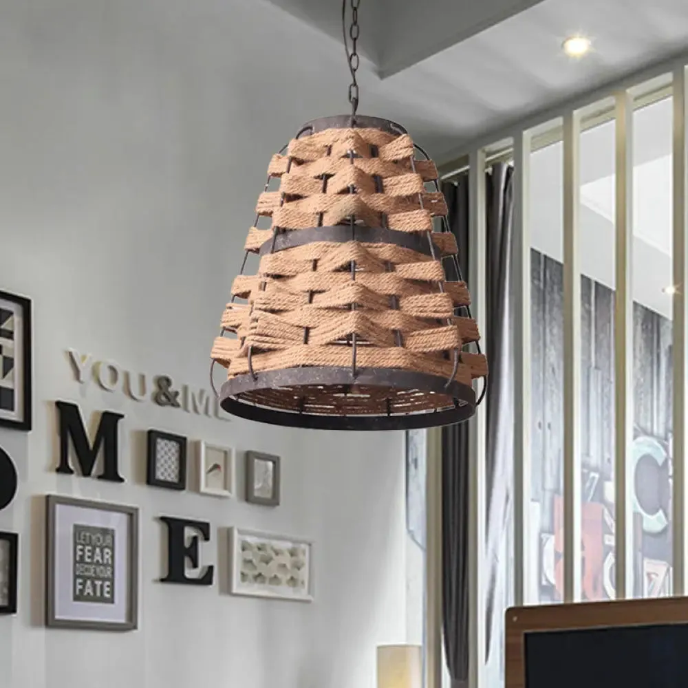 Rustic Hemp Rope Pendant Ceiling Lamp with Metal Frame