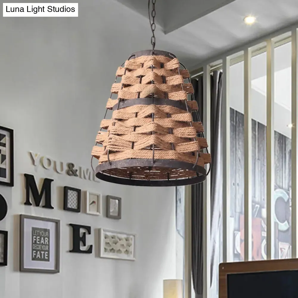 Rustic Hemp Rope Pendant Ceiling Lamp with Metal Frame