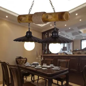 Scalloped Hanging Lamp: 2 Heads, Countryside Black Rope and Bamboo Island Lighting for Dining Room