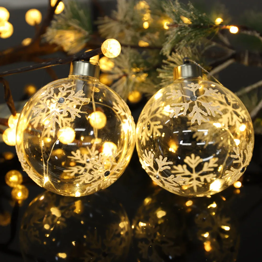 Set of 6 Christmas Glass Balls LED Baubles Party Decor with Snowflake