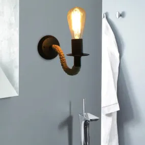 Sleek Black Wall Sconce with Curved Arm, Industrial Rope & Metal Accent – Exposed Bulb Corridor Lighting