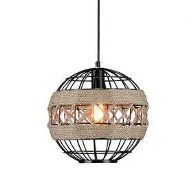 Sleek Sphere Pendant Light with Metal Frame and Rope Detail - Rustic 1-Light, Black