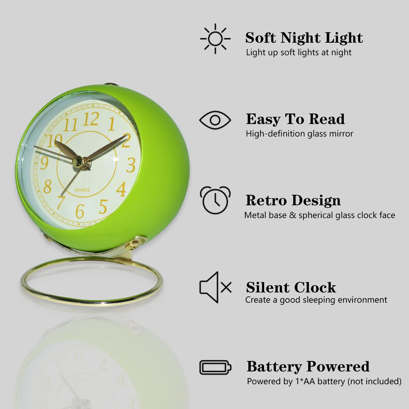 Small Table Clocks, Classic & Metal Non-Ticking Quartz Tabletop Analog Alarm Clock Battery Operated Desk Clock with Backlight for Bedroom Office Shelf Living Room Kitchen Indoor Decor (Fruit Green)