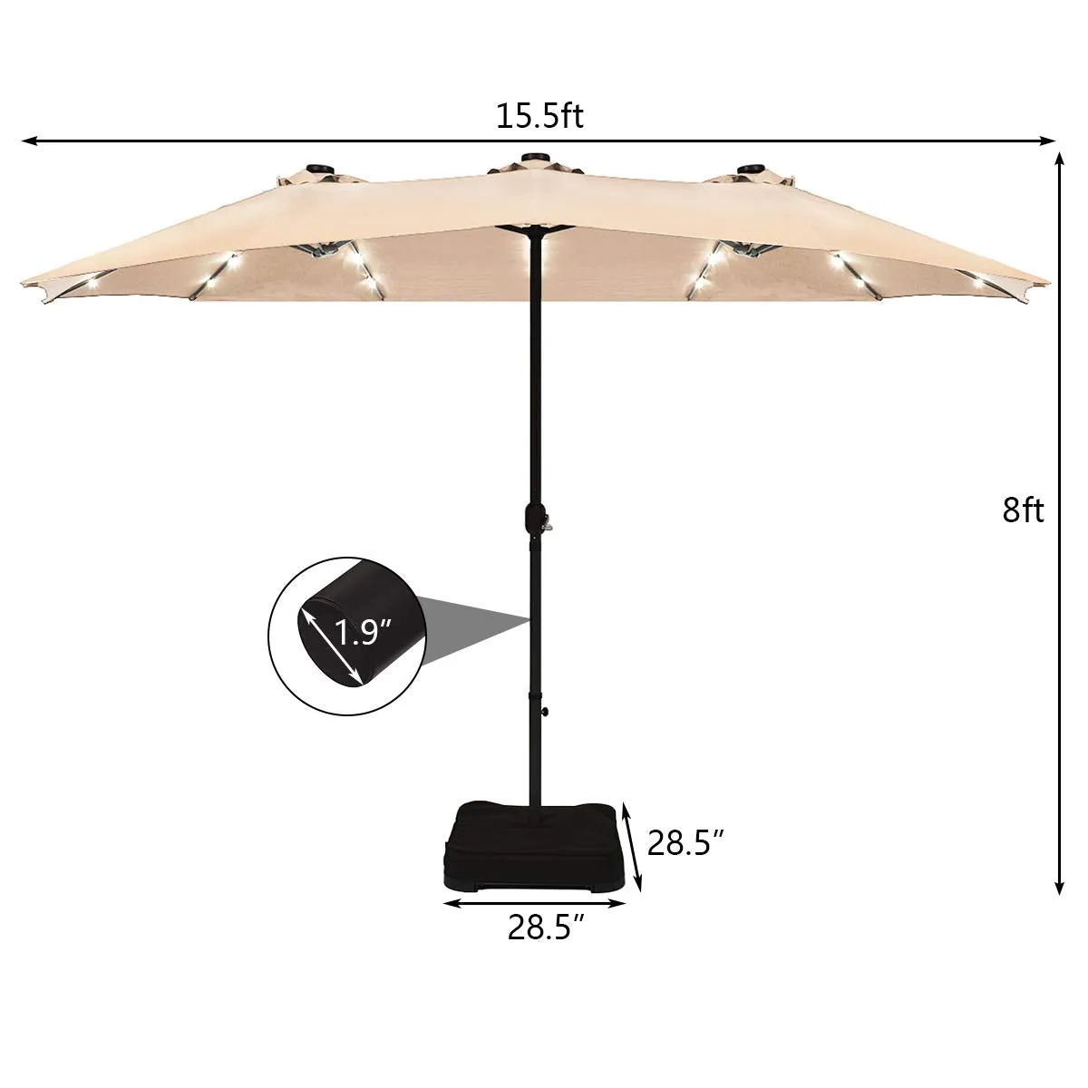 Tangkula 15 Ft Solar LED Patio Double-Sided Umbrella with Base