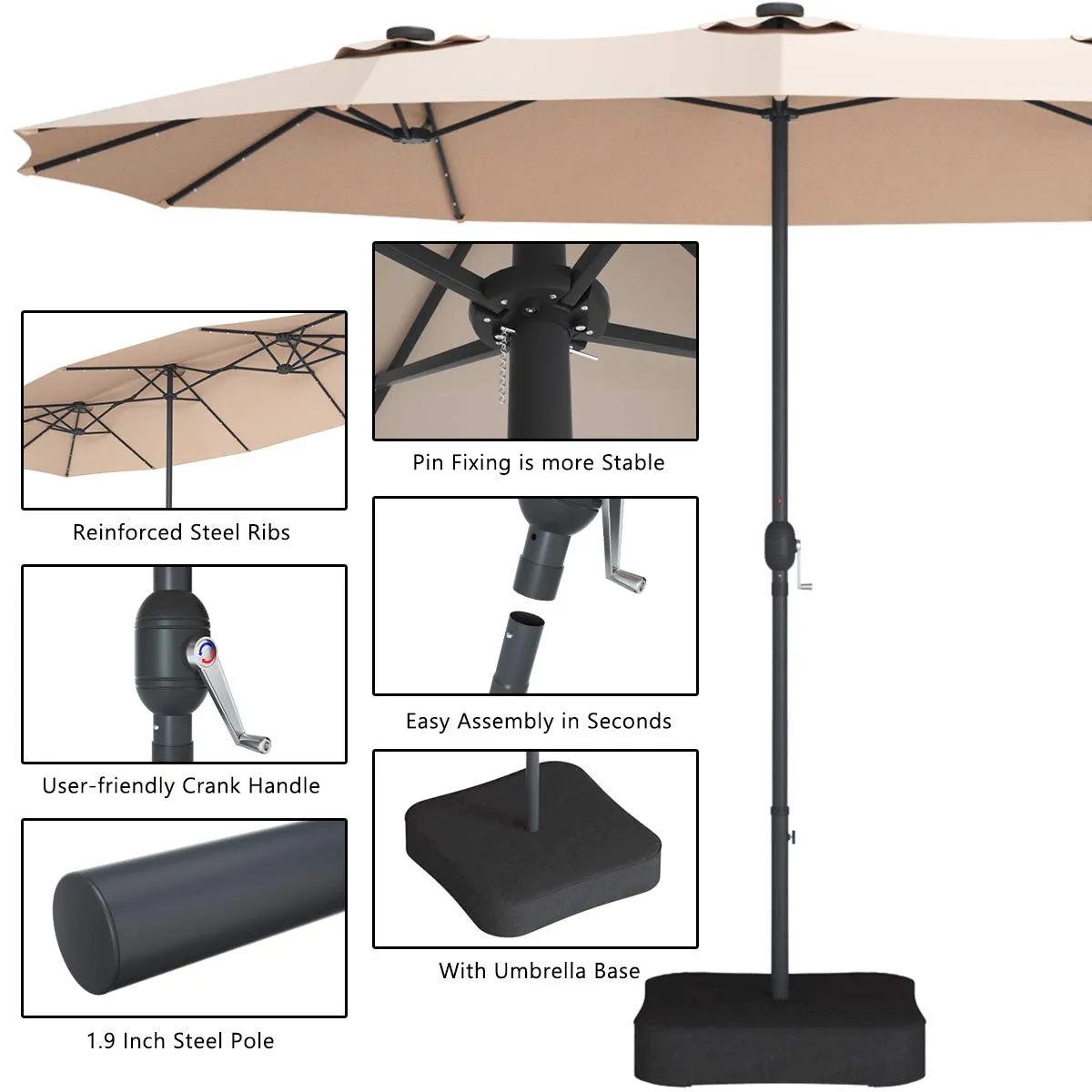 Tangkula 15 Ft Solar LED Patio Double-Sided Umbrella with Base