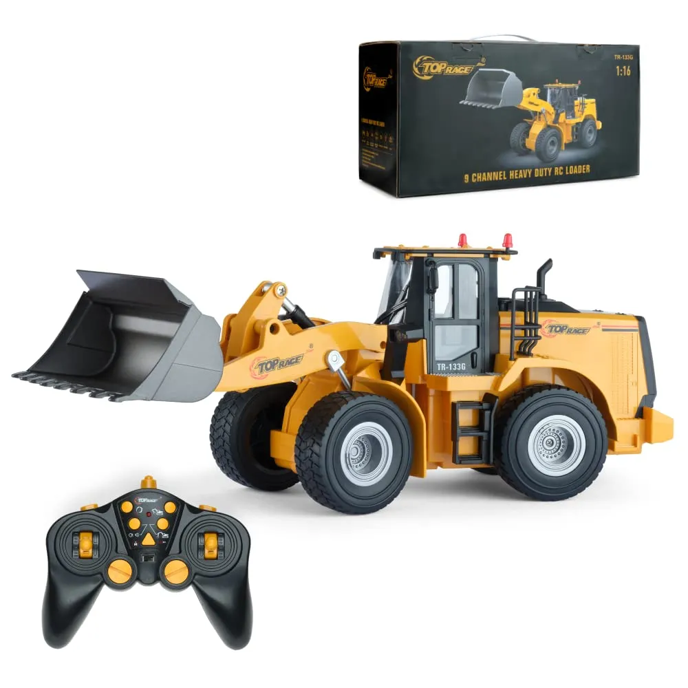 Top Race 9 Channel Bulldozer Toy Truck, Heavy Duty Remote Control Front Loader, RC Remote