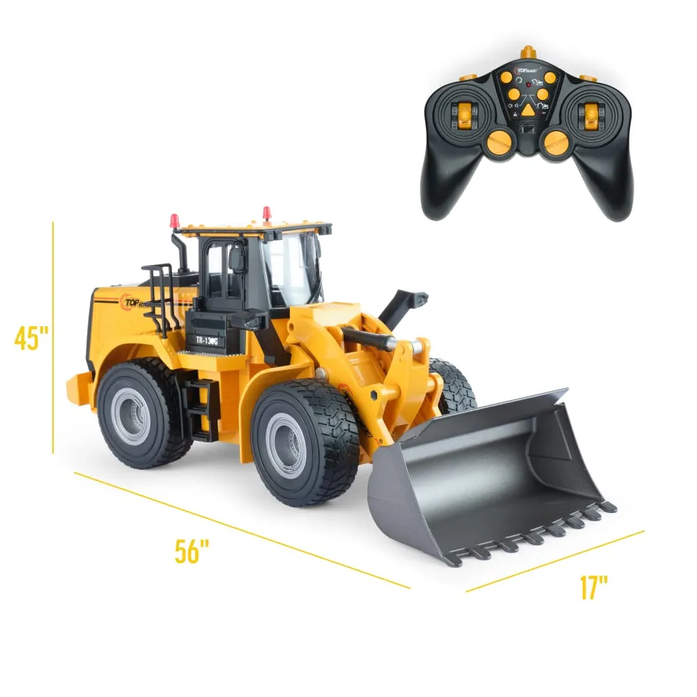 Top Race 9 Channel Bulldozer Toy Truck, Heavy Duty Remote Control Front Loader, RC Remote