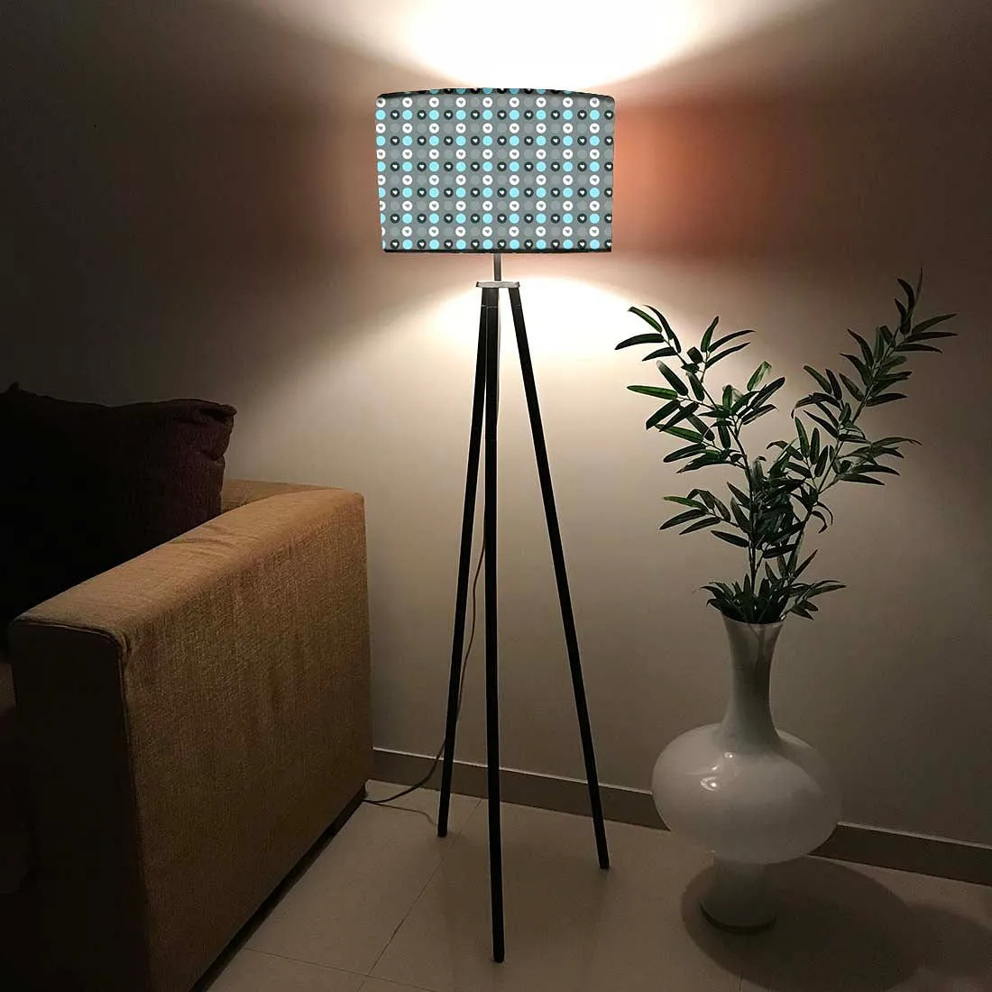 Tripod Floor Lamp Standing Light for Living Rooms -Grey Mint Polka