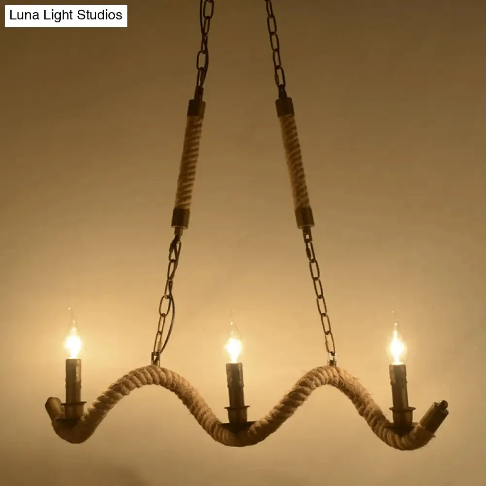 Vintage 3-Head Island Pendant Light: Candlestick Iron Ceiling Fixture with Hemp Rope - Flaxen Finish