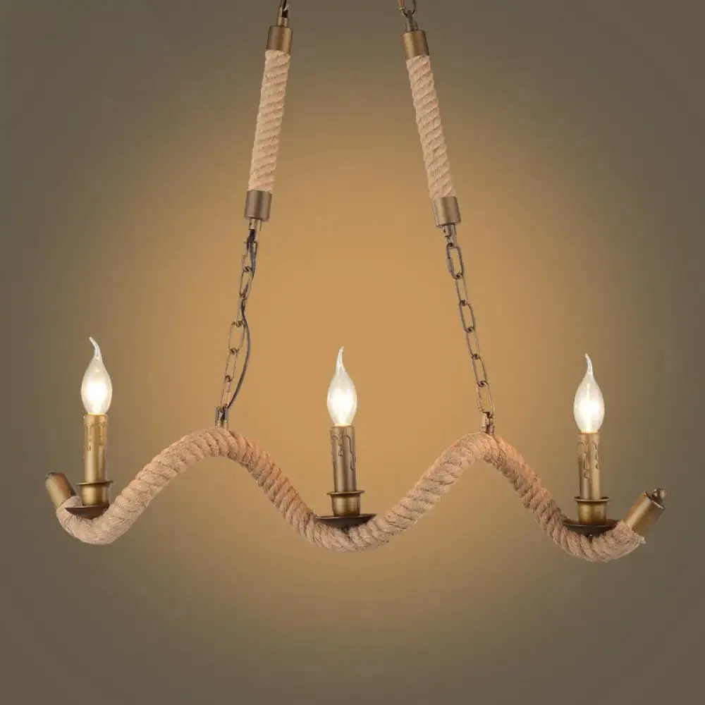 Vintage 3-Head Island Pendant Light: Candlestick Iron Ceiling Fixture with Hemp Rope - Flaxen Finish