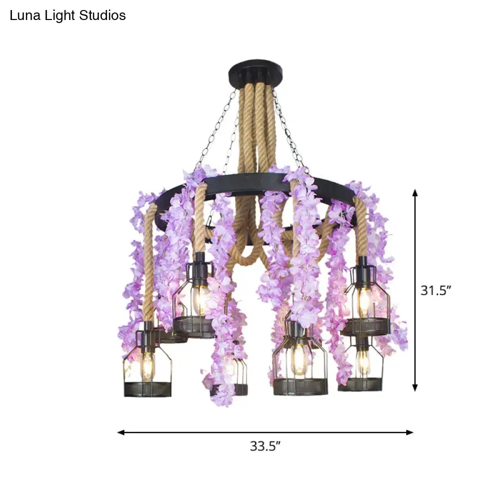 Vintage Hemp Rope Flower Chandelier with Metal Cage and 8 Heads