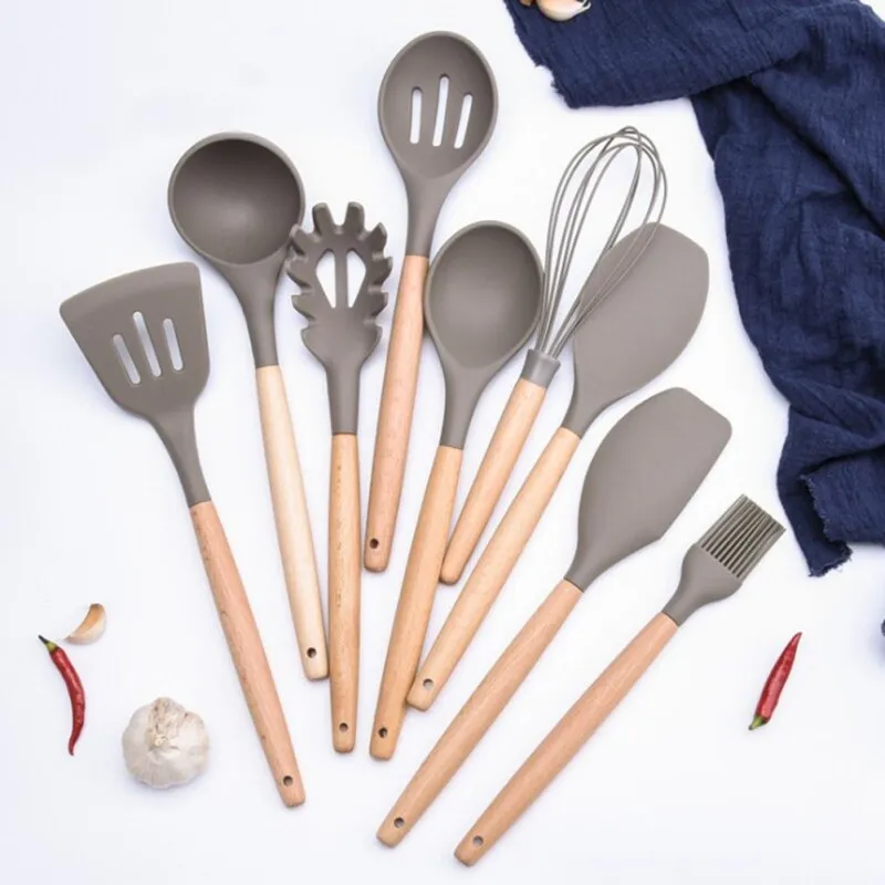 Wood handle Cooking Tools  Silicone Kitchen Utensils Gadgets Kitchenware Set Spatula Shovel Spoon Home Kitchen Tools